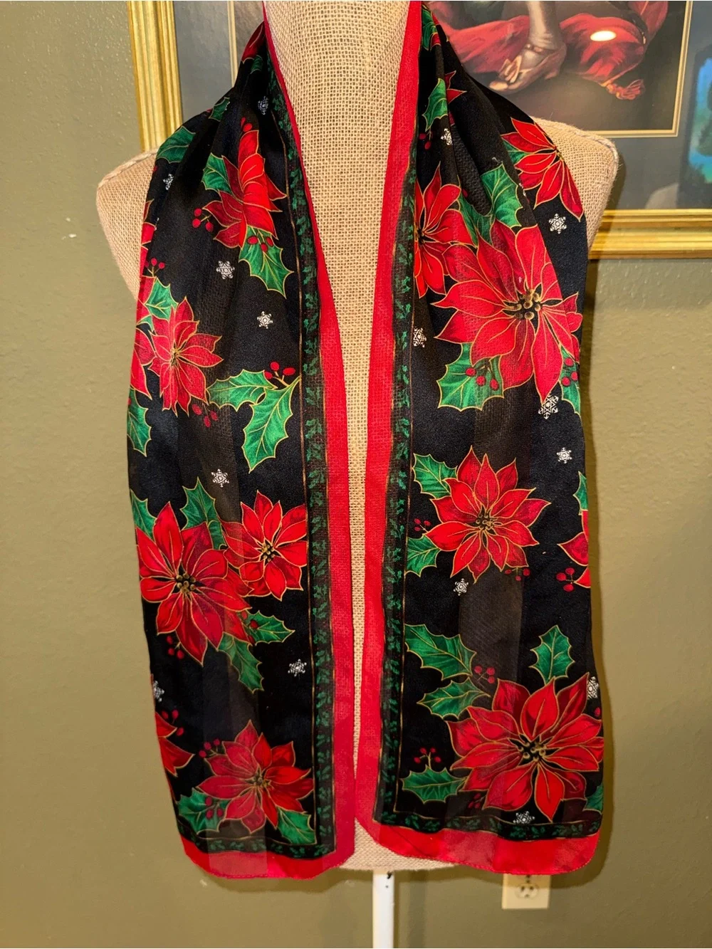 Holiday Poinsettia Scarf - Black Background with Red & Green Floral Print